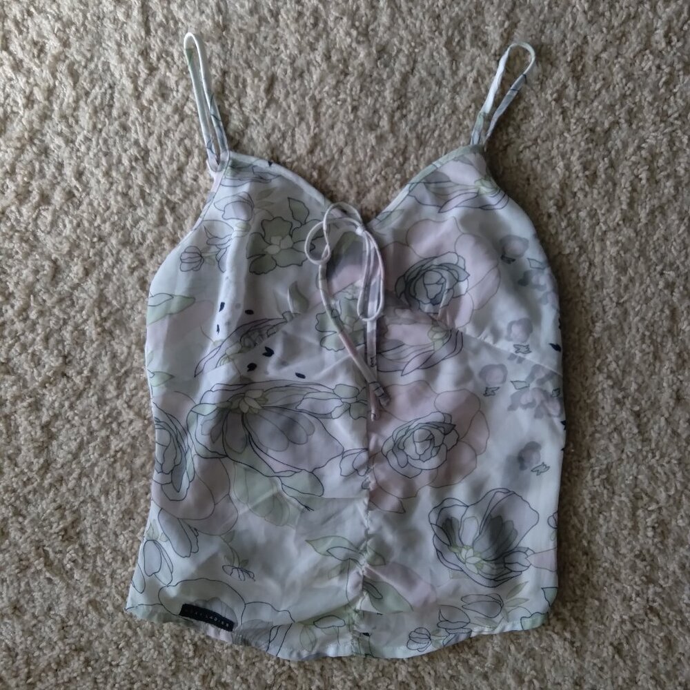 Y2K Nexx Sheer Cream Floral Print Tank Top with Ruching and Bow Tie Front Size S